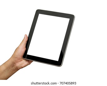 Man's Hand Holding Black Tablet Displaying White Blank Screen Isolated With Clipping Path