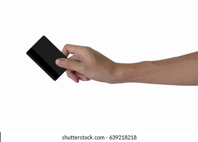 Man's Hand Holding Blank Black Credit Card Mockup With Black Magnetic Stripe Isolated With White, Back Side View.