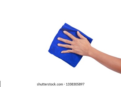 Man's Hand Holding Blue Microfiber Cloth For Cleaning Isolated On White Background. Concept Is To Clean House Glass, Auto Glass, Dining Table, Desk.