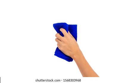 Man's Hand Holding Blue Microfiber Cloth For Cleaning Isolated On White Background. Concept Is To Clean House Glass, Auto Glass, Dining Table, Desk.