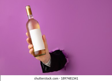 Man's Hand Holding Bottle Of Wine And Breaking Through Purple Paper Background.