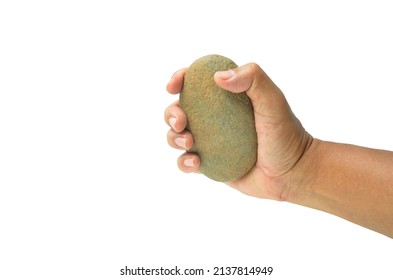 Man's Hand Holding Brown Rock Clipping Path With Background, Protest Or Rebel Concept