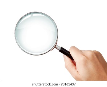 Man's hand, holding classic styled magnifying glass, closeup isolated on white background, copy space for your image or text