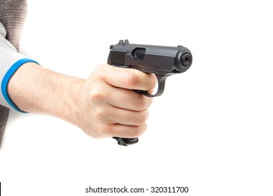 Man's Hand Holding Gun, Isolated On White Background.