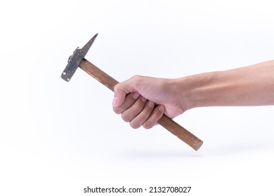 A Man's Hand Holding A Hammer Isolated On White Background