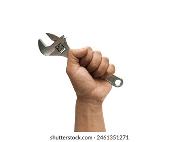 A man's hand is holding a mechanic's tool called an adjustable wrench for use in mechanic work.  or industry in factories, is a device for tightening nut heads  Isolated on a white background. - Powered by Shutterstock