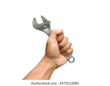 A man's hand is holding a mechanic's tool called an adjustable wrench for use in mechanic work.  or industry in factories, is a device for tightening nut heads  Isolated on a white background. - Powered by Shutterstock