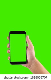 Man's Hand Holding A Mobile Telephone With A Vertical Green Screen In Tram Chroma Key Smartphone Technology Cell Phone Touch Message Display Hand 