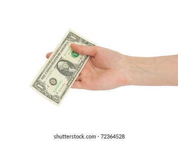 A Man's Hand Holding A One Dollar Bill.