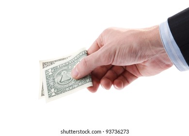 A Man's Hand Holding A One Dollar Bill.