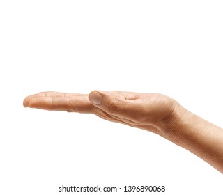 Man's hand holding open palm up isolated on white background. Palm up, close up. High resolution product