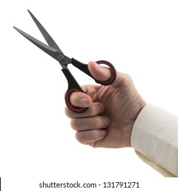 Man's Hand Holding Pair Of Scissors Isolated On White