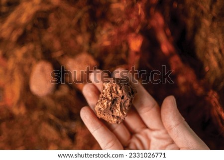 Man's hand holding a piece of copper to examine it for industrial use