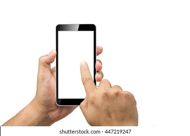 Man's Hand Holding The Smartphone In Black. Use Your Finger To Tap The Touch Screen Is Blank White. Isolated On White Background