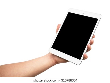 Man's Hand Holding White Tablet With Blank Black Screen - Isolated On White