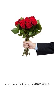 A Man's Hand Holdng A Dozen Red Roses On A White Background With Copy Space