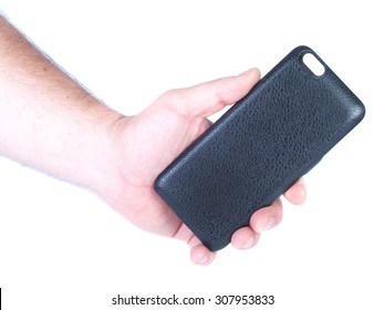 Man`s Hand Holds Black Iphone Battery Case Isolated