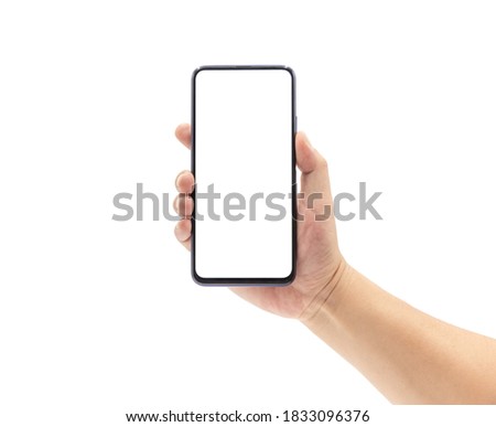 A man's hand holds a blank smartphone with a black frame.