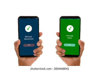 A man's hand holds a smartphone on screen with the message money sent and received. Concept of financial transactions with mobile devices. Closeup, money, transfer, phone, payment. White background