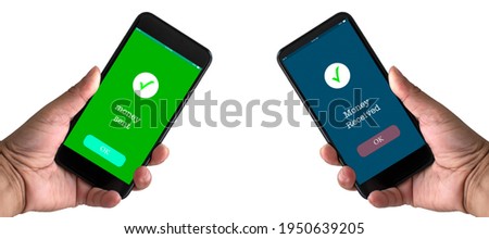 A man's hand holds a smartphone on screen with the message money sent and received. Concept of financial transactions with mobile devices. Closeup, money, transfer, phone, Payment. White background