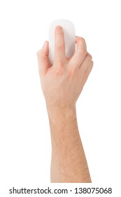 Man's Hand Is On The Modern Wireless Glass Touch Mouse On A White Background, Top View.