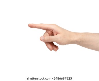 Man's hand pointing to something with her index finger isolated on white background. Close up. - Powered by Shutterstock