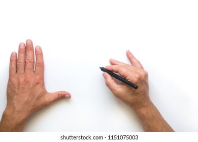 Man`s Hand Are Prepairing Buisness Plan. Copy Space. Hands With Pen Are Writing Documentation.