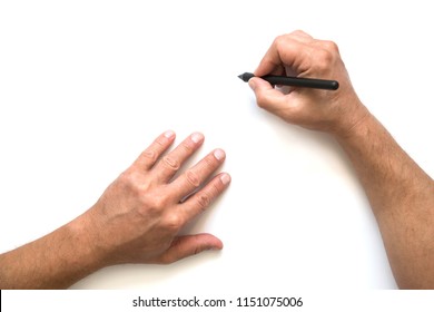 Man`s Hand Are Prepairing Buisness Plan. Copy Space. Hands With Pen Are Writing Documentation.