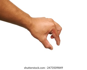 A man's hand  Pretend to hold a coin in your hand.  And I'm about to put a coin into something.  Isolated on white background.  business idea. - Powered by Shutterstock