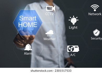 A man's hand reaches out to touch the network icon on the virtual screen of smart home technology to connect the system to the home appliances control and turn on, off even monitoring home appliances. - Powered by Shutterstock