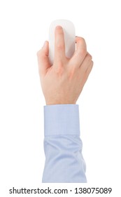 Man's Hand In A Shirt Is On The Modern Wireless Glass Touch Mouse On A White Background, Top View.