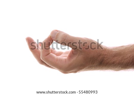 A man's hand is shown in yoga gyan mudra hand position used for grounding. Representing starting place or home, back to your roots, a simpler time. Clears the mind. Shot over white. Stock fotó © 