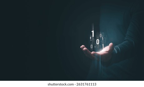A man's hand shows an abstract virtual binary code hologram to symbolize the unification of control and encryption, protecting against cyber attacks.