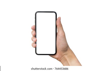 Man's hand shows mobile smartphone with white screen in vertical position isolated on white background. Mock up mobile - Shutterstock ID 764453686