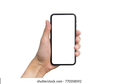 Man's hand shows mobile smartphone with white screen in vertical position isolated on white background. Mock up mobile