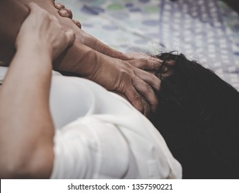 A Man's Hand Is Strangling A Girl Neck. Stop Domestic Violence Against Women Campaign.