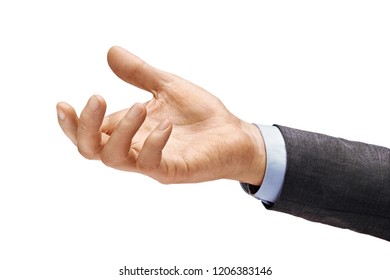 Man's Hand In Suit Begs To Something Isolated On White Background. Palm Up, Close Up. High Resolution Product