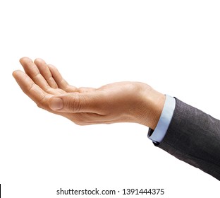 Man's Hand In Suit Begs To Something Isolated On White Background. Palm Up, Close Up. High Resolution Product