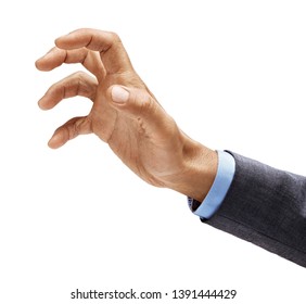 Man's Hand In Suit Grabbing To Something Isolated On White Background. Close Up. High Resolution Product