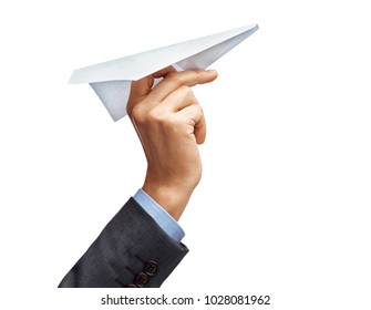 Man's Hand In Suit Holding Paper Plane Isolated On White Background. Close Up. High Resolution Product