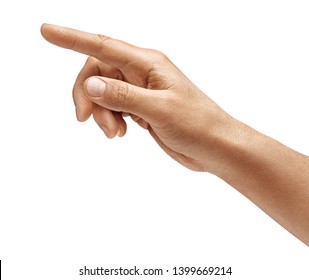 Man's hand touching or pointing to something isolated on white background. Close up. High resolution.