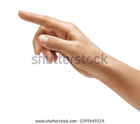 Man's hand touching or pointing to something isolated on white background. Close up. High resolution.