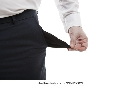 man's hand turns empty pocket on a white background