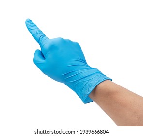 A man's hand wearing nitrile gloves against a white background. Pointing fingers.
