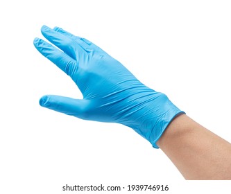 Man's Hand Wearing Nitrile Gloves On White Background