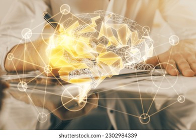 Man's hands with atificial intelligence double exposure icon. Concept of computer learning.