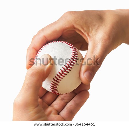Man's hands with baseball ball isolated on white