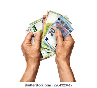 Man's hands counting euro banknotes isolated on white background. Business concept
