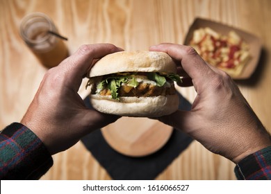 Man's Hands Holding A Vegan Burger To Eat It, Healthy Food And Foodie Lifestyle Concept, Pov Image, Subjective Point Of View, Selective Focus