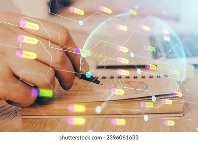 Man's hands with international data global network topic double exposure icon. Concept of globalization. - Shutterstock ID 2396061633